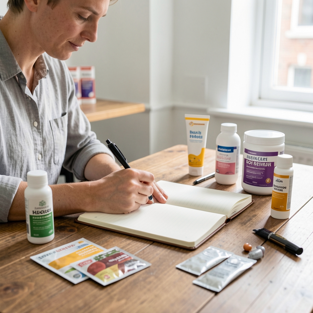 Person writing in a notebook at a wooden desk surrounded by body cream and supplement product samples in a bright Islington studio