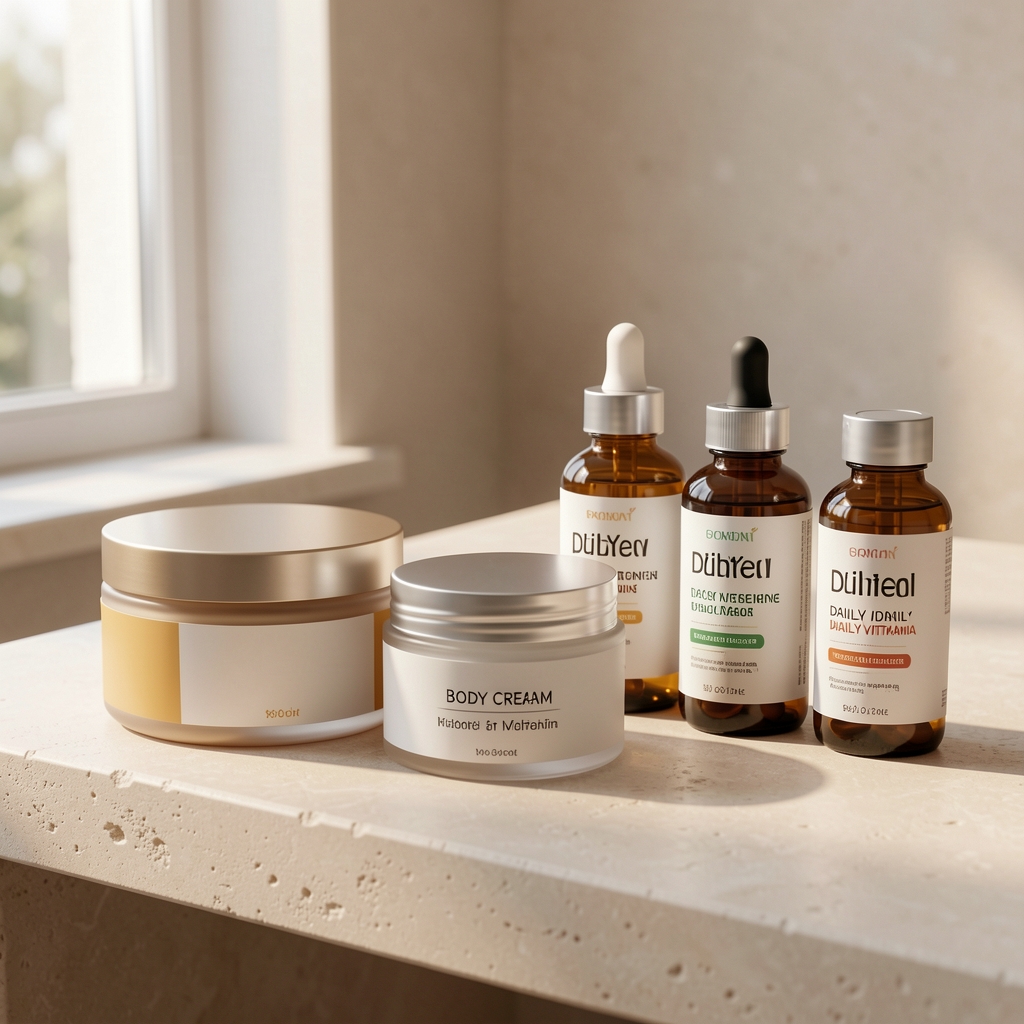 Curated selection of body cream jars and daily vitamin bottles arranged on a pale stone surface with soft natural light streaming in from a nearby window