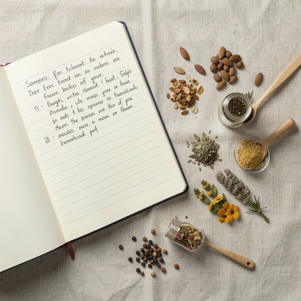 Flat-lay arrangement of ingredient samples, notebook with handwritten formulation notes, and small botanical extracts on a pale linen surface in editorial still life