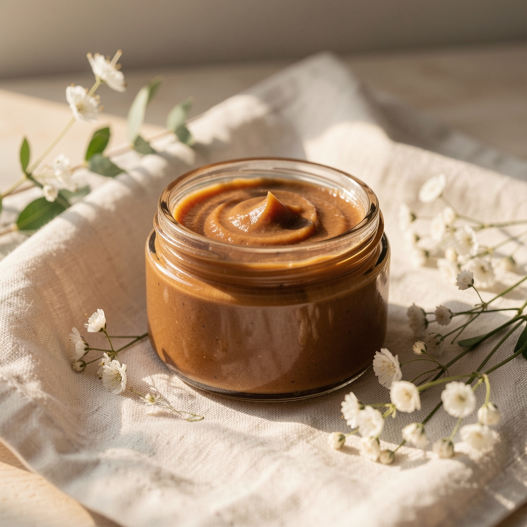 Glass jar of rich body butter resting on a pale linen cloth, surrounded by dried botanicals in soft morning light
