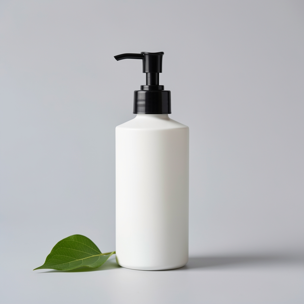 Minimalist body lotion pump bottle positioned against a light grey background with a single green leaf prop in an editorial still life
