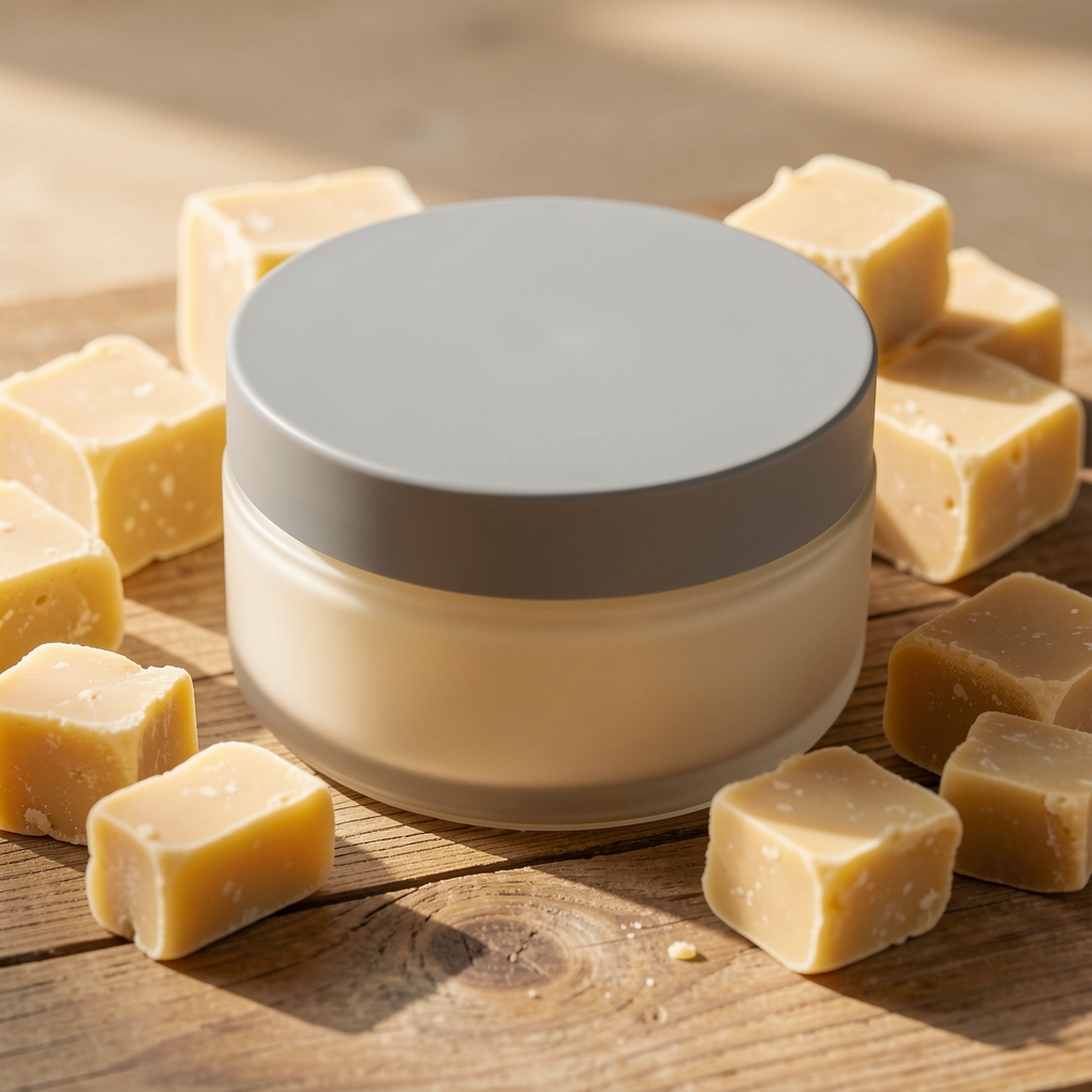 Wide flat jar of body balm with a matte lid placed on a natural wood surface surrounded by raw shea butter pieces in soft daylight
