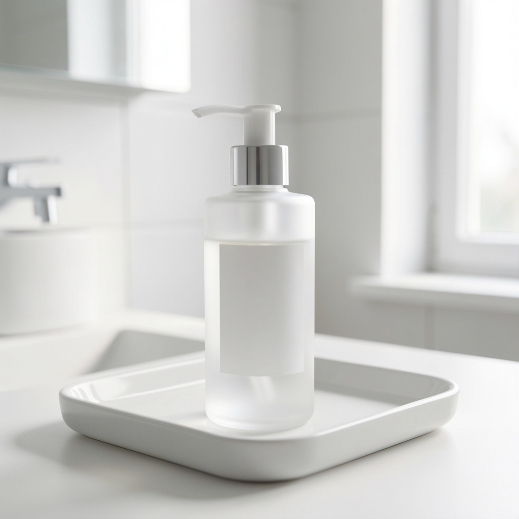 Frosted glass body cream bottle with minimal label standing on a white ceramic tray in a bright minimalist bathroom setting