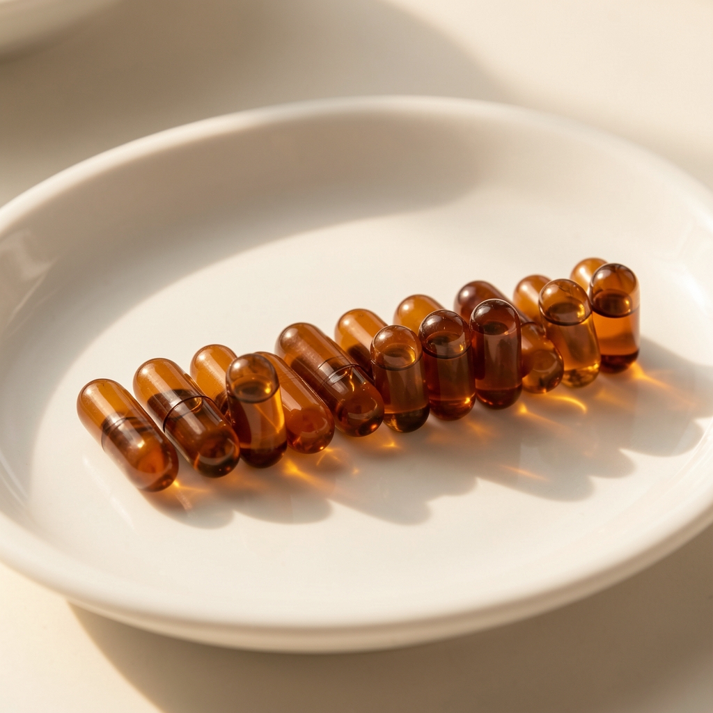 Small amber capsules arranged in a neat row on a white ceramic surface with warm side lighting and a minimal background